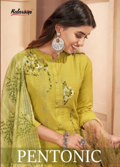 Pentonic By Kalaroop Fancy Handwork Readymade Kurti With Bottom And Dupatta